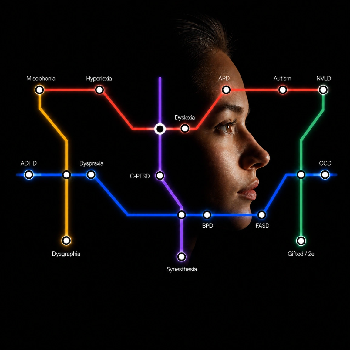 A woman's profile overlaid with a glowing neurodivergent transit map showing ADHD, autism, dyslexia and more