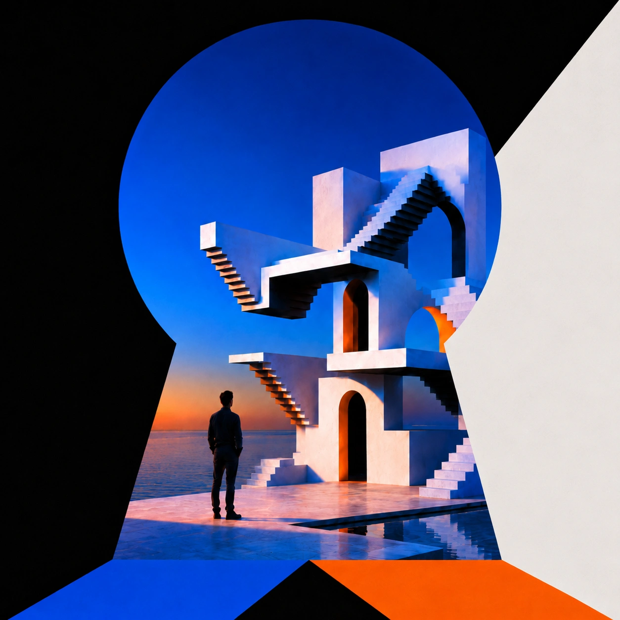A figure stands before an impossible Escher-like staircase structure at sunset β a metaphor for the neurodivergent mind